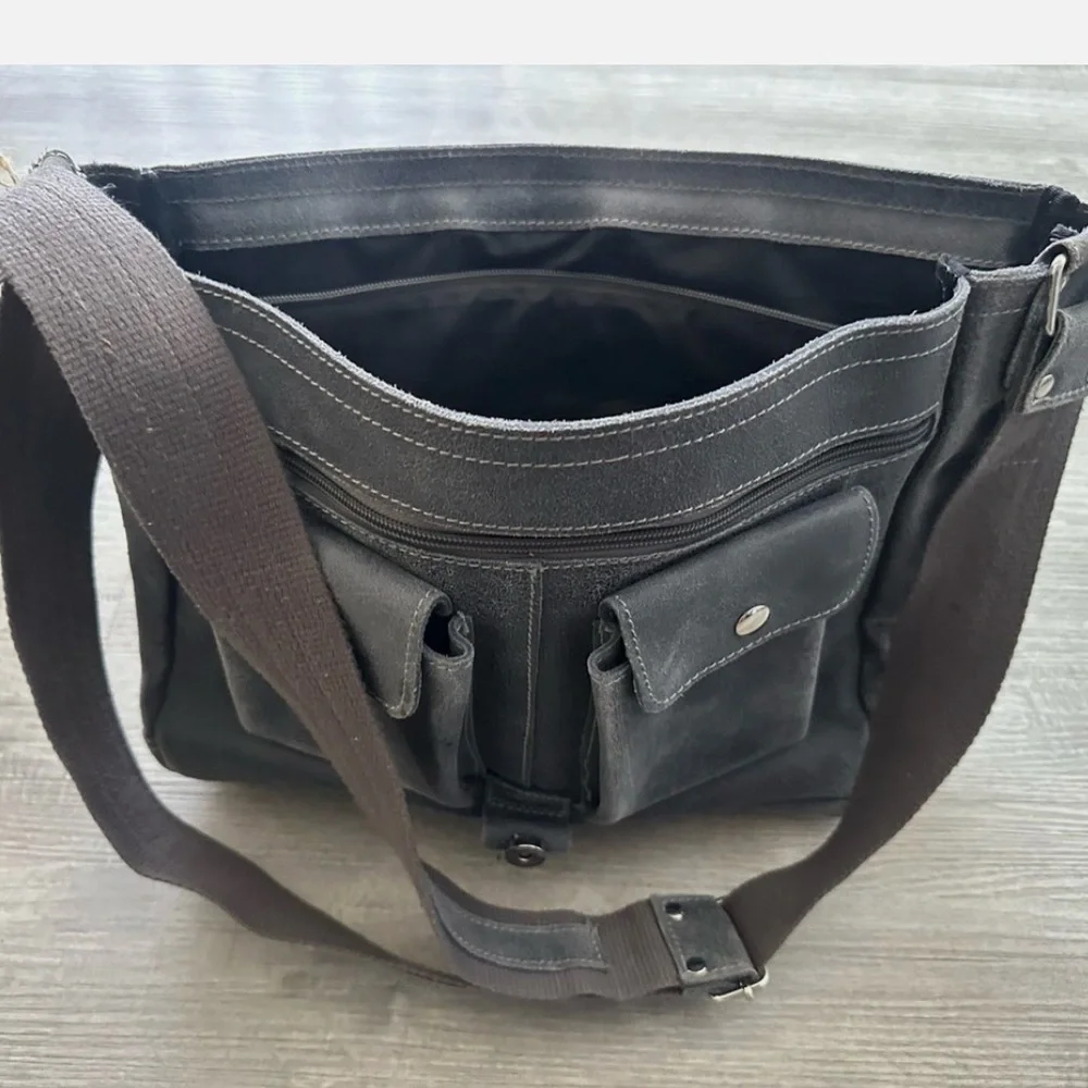 David King & Co. North South Laptop Messenger bag Dark Grey Suede Leather Men's